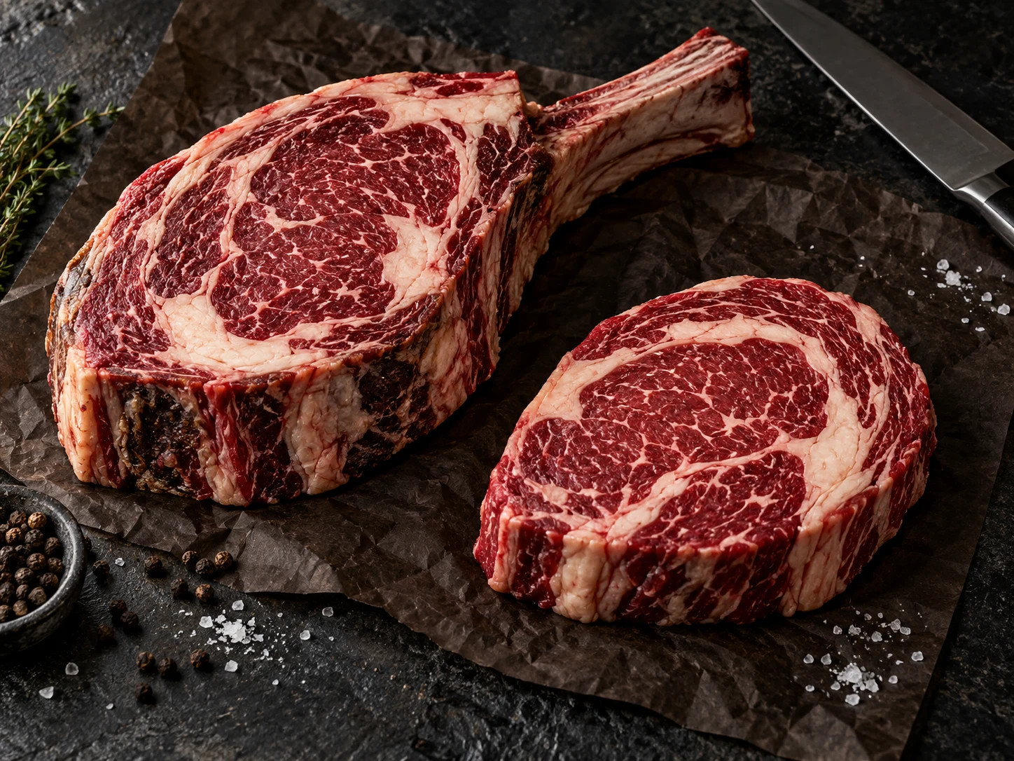 Cortes de ribeye com e sem osso sobre papel de açougue e pedra escura