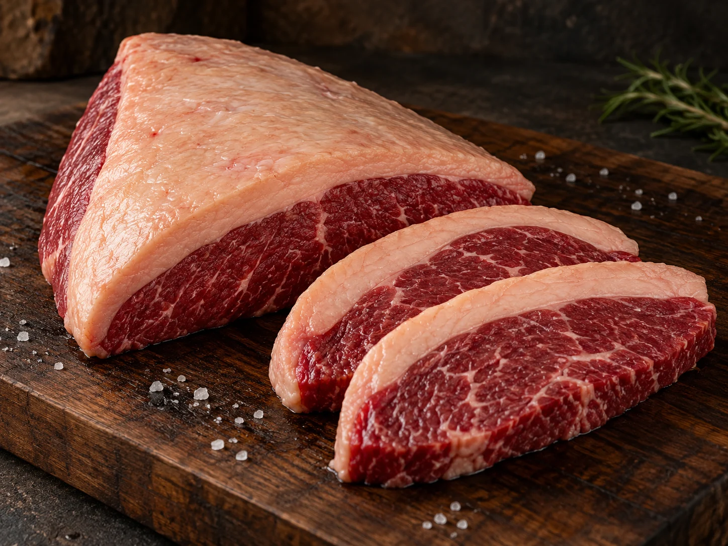 Picanha e cortes espessos com capa de gordura sobre madeira escura